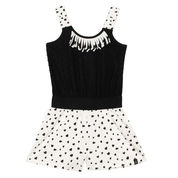 deux par deux Other - Deax Par Deux Black & White Heart Print Romper with Fringe Detail // 10